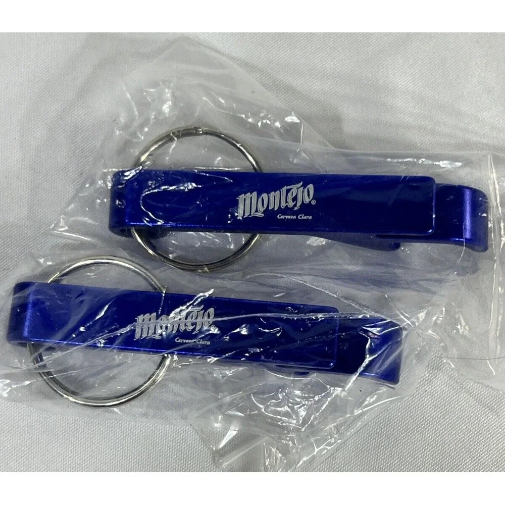 Lot of 2 Montejo Cerveza Clara Blue Metal Keychain Beer Bottle & Can Opener